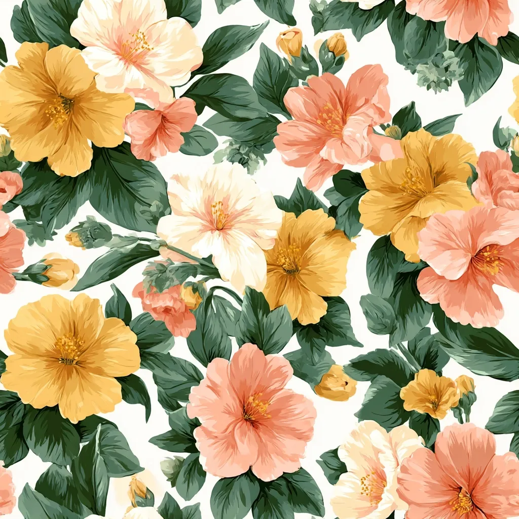 A vibrant floral pattern showcases a profusion of blossoms in soft peach, creamy white, and golden yellow hues.  The flowers, possibly hibiscus or similar, are densely arranged amongst lush, dark green foliage.  The seamless design creates a rich, textured effect, ideal for fabric, wallpaper, or other decorative applications.  The white background emphasizes the floral details, resulting in a visually appealing and harmonious composition.