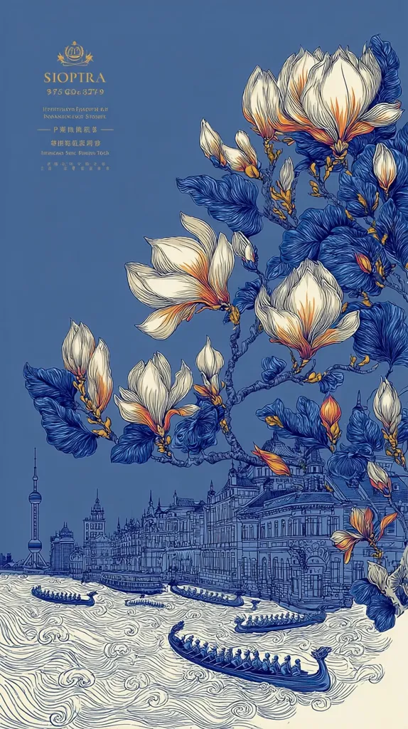 An illustration features a vibrant magnolia blossom branch in shades of blue and cream, artistically rendered above a detailed cityscape.  The city, possibly Shanghai, is depicted with traditional architecture along a river, showcasing numerous dragon boats. The overall style is intricate and detailed, resembling a vintage print or poster.  A logo and text, possibly brand information, are subtly placed in the upper left corner.