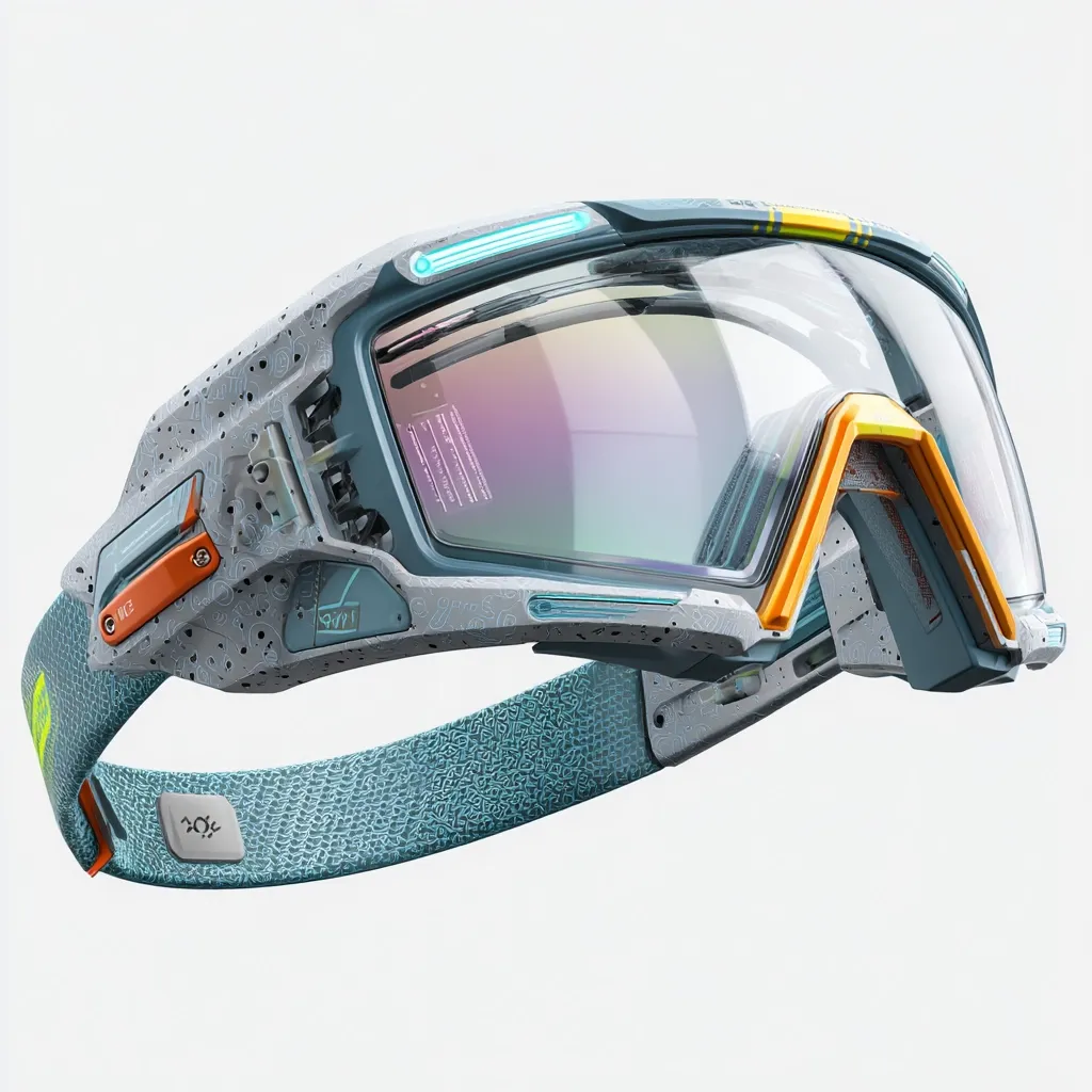A futuristic-looking pair of goggles are shown in a 3D render. The frame is teal with gray speckles, accented by orange and teal details.  A transparent lens displays what appears to be a digital readout. The head strap is teal textured fabric. The design is sleek and technologically advanced, suggesting augmented reality or other high-tech capabilities.