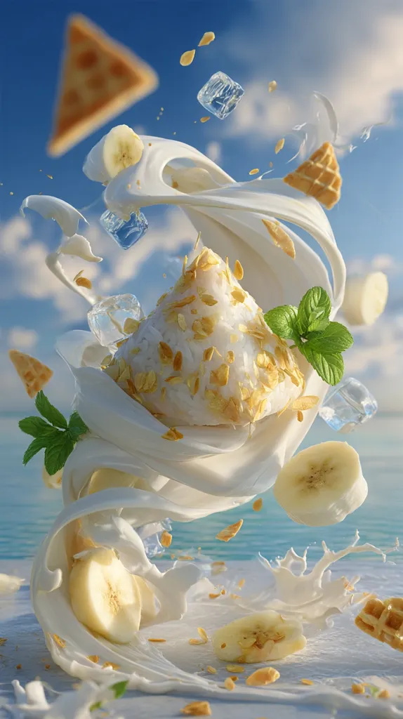 A dynamic splash of creamy milk swirls around a pyramid-shaped dessert topped with golden flakes.  Banana slices, ice cubes, waffle pieces, and a sprig of mint are suspended mid-air within the milky vortex against a bright blue sky.  A triangle of waffle sits in the upper left corner adding to the whimsical, dessert-focused scene.