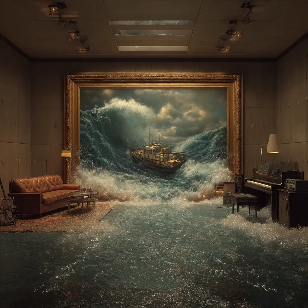 A surreal image depicts a living room inundated by ocean waves surging from a large, ornate painting. A small boat is tossed about in the turbulent waters within the frame.  The room's furniture, including a leather couch and a piano, are partially submerged. The scene blends reality and fantasy, creating a dramatic and unsettling atmosphere.