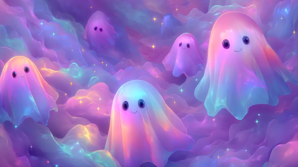 Adorable, iridescent ghosts float amidst a dreamy, pastel landscape.  The ghosts are rendered in soft, glowing hues of pink, purple, and blue, resembling translucent fabric.  Tiny sparkling lights add to the ethereal atmosphere, creating a whimsical and enchanting scene. The overall mood is calm and playful.