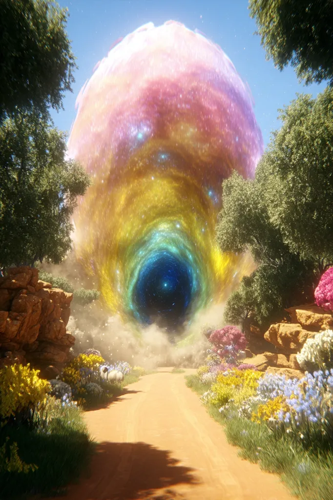 A vibrant, swirling nebula resembling a cosmic portal dominates a sun-drenched landscape.  A dirt road leads towards its glowing, multicolored center, which is a deep blue speckled with stars. Lush greenery and colorful wildflowers border the path, creating a surreal and enchanting scene.  Two sheep graze peacefully in the foreground, adding a touch of pastoral serenity to the otherworldly spectacle.