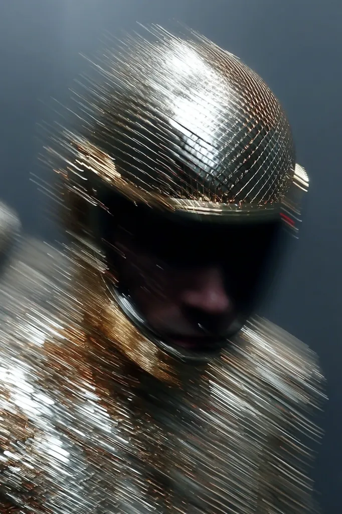 A person is wearing a shimmering gold helmet and suit.  The image is blurred, creating a sense of motion.  The helmet appears to be made of small, reflective squares, giving it a disco ball-like quality. The overall effect is futuristic and dynamic. The individual's face is partially obscured by the helmet's visor.