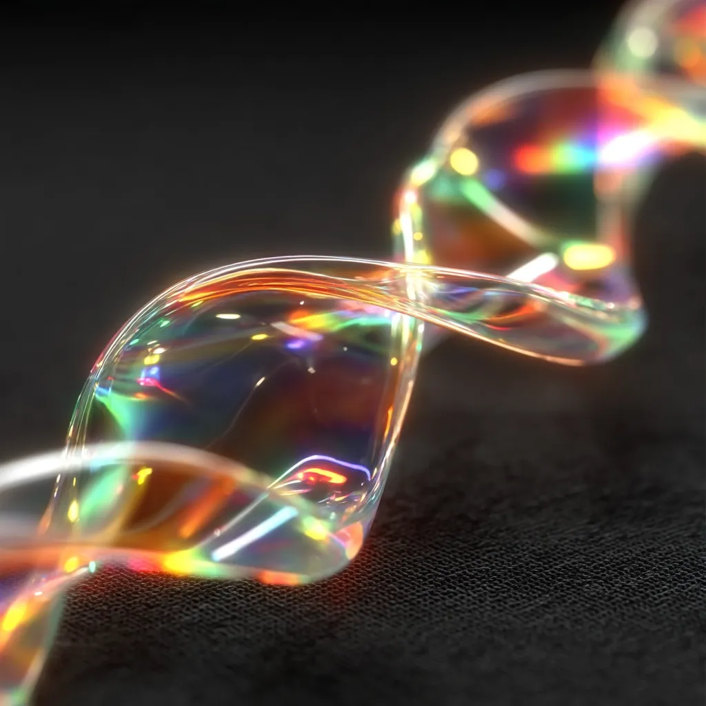 A close-up reveals a mesmerizing iridescent ribbon spiraling across a dark textured surface.  The ribbon's translucent form displays a vibrant spectrum of colors, appearing almost liquid in its fluidity.  The dark background accentuates the ribbon's luminous quality, creating a striking contrast and highlighting its intricate, swirling shape.