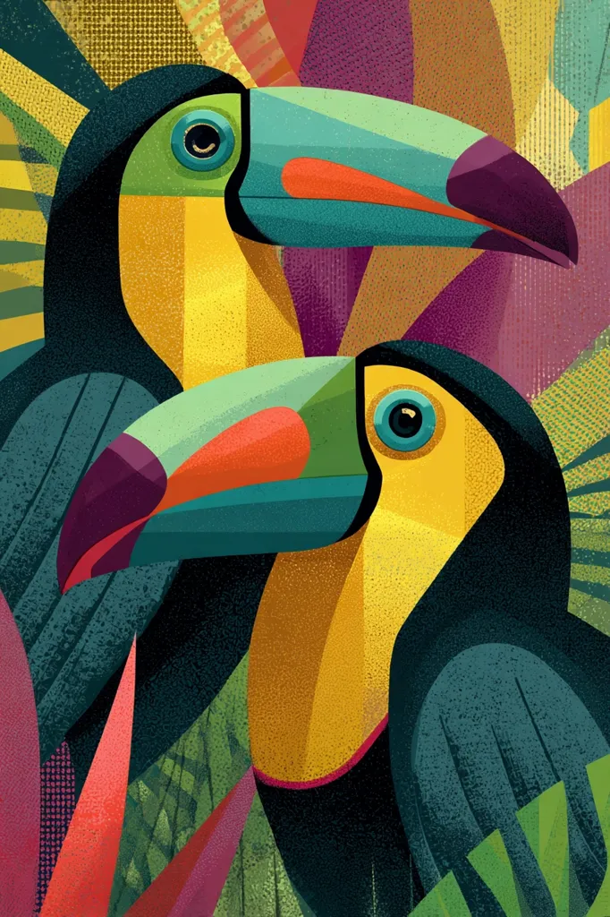 A vibrant, stylized illustration showcases two toucans nestled amongst lush tropical foliage.  The toucans are depicted in bold, geometric shapes with a textured, almost pointillist effect.  Their beaks are a striking mix of blues, oranges, and purples, contrasting with their yellow chests and dark bodies.  The background bursts with a riot of colorful leaves and patterns, creating a dynamic and energetic composition.