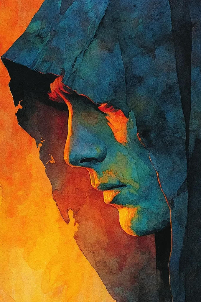 A watercolor painting depicts a person's face partially obscured by a dark, hooded cloak.  The face is rendered in cool blues and greens, contrasted against a warm, orange-yellow background. The subject's expression is somber, their gaze cast downward. The style is expressive and evocative, emphasizing mood and atmosphere over precise detail. The texture of the paint is visible, adding depth and richness to the image.