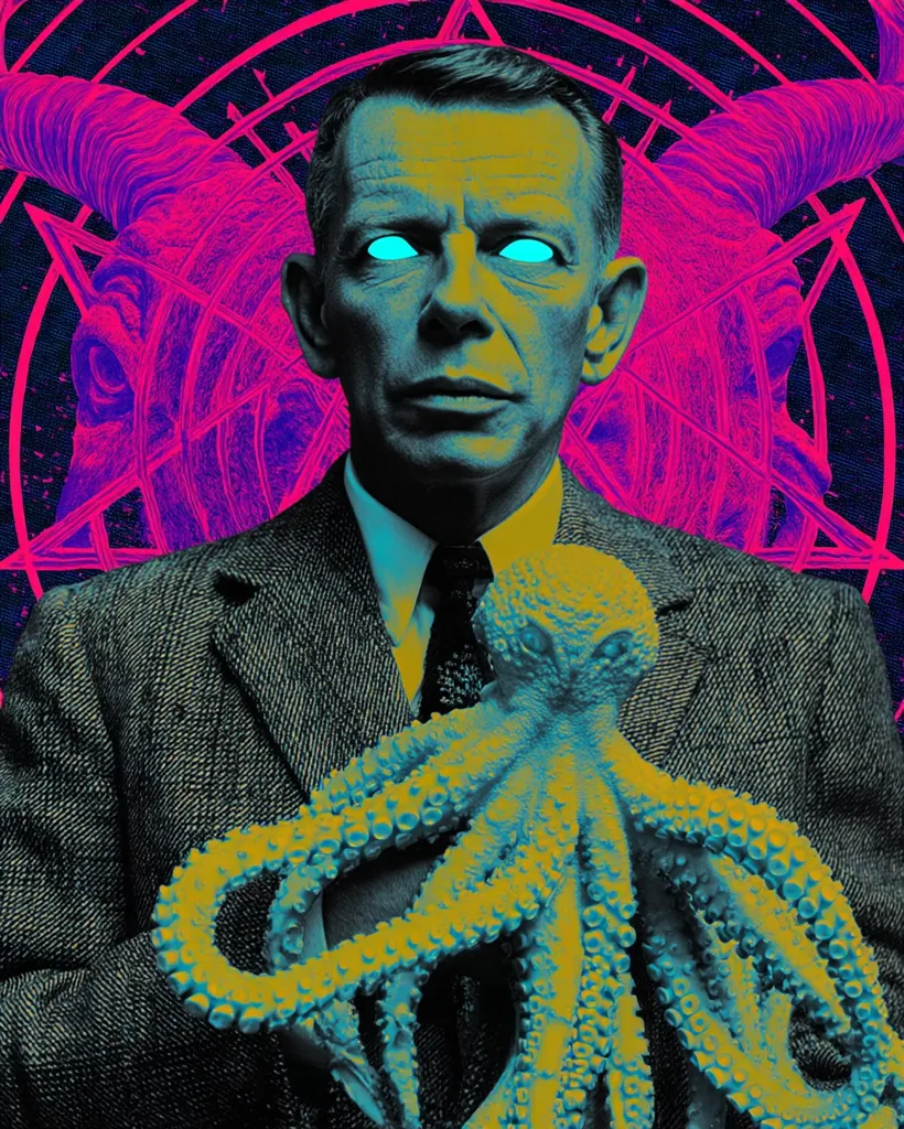 A stylized portrait of a man in a suit, his eyes glowing bright cyan. He holds a vibrant teal and gold octopus.  The background features a psychedelic, inverted pentagram with horns, creating a surreal and ominous atmosphere. The color palette is predominantly pink, purple, and teal, contributing to the artwork's eerie, otherworldly quality.