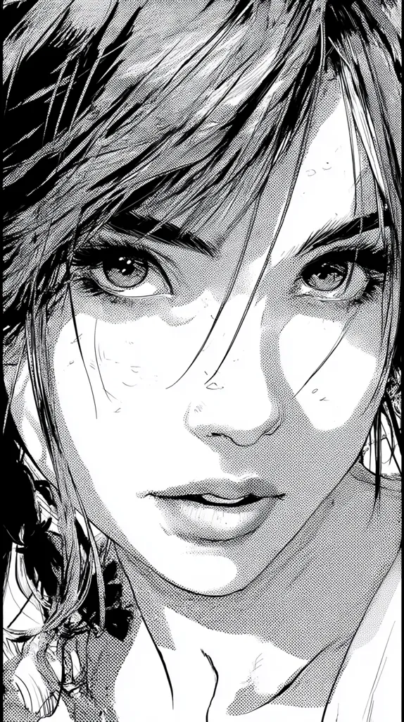 A close-up black and white illustration of a woman's face. Her expression is serious, almost defiant.  Her hair is windswept, partially obscuring her face. The style is detailed and expressive, using shading and linework to create texture and depth.  The image evokes a sense of strength and determination.