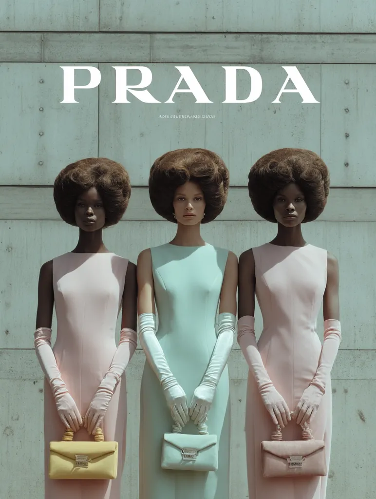Three models with large, voluminous Afro hairstyles stand side-by-side against a textured wall.  Each wears a pastel-colored sheath dress and long white gloves, carrying a matching Prada handbag. The central model wears a mint green dress, while the flanking models wear pale pink.  The Prada logo is prominently displayed at the top. The image evokes a retro aesthetic.