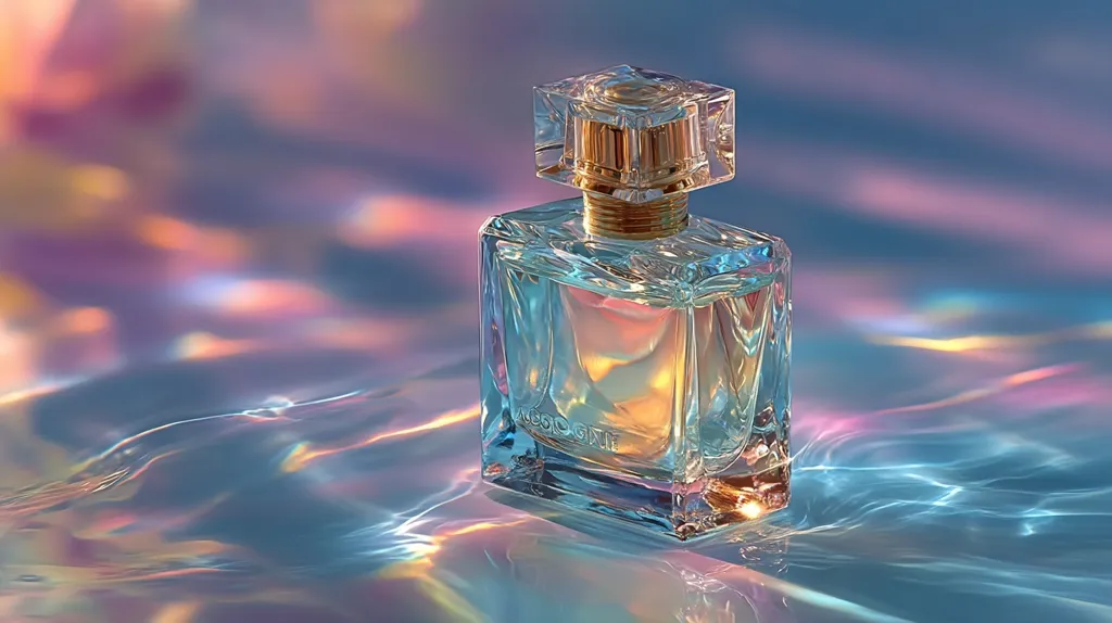 A rectangular glass perfume bottle with a gold cap sits on an iridescent surface. The liquid inside is light blue, reflecting the shimmering background.  The bottle's facets catch the light, creating a sparkling effect. The overall aesthetic is dreamy and ethereal, emphasizing the luxurious quality of the perfume.