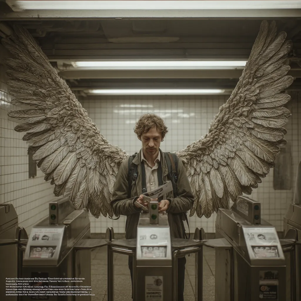 A man with curly brown hair stands in a subway station, seemingly unfazed by a large pair of sculpted angel wings extending from his back. He wears a dark jacket and backpack, and holds something in his hands, perhaps a ticket or map. The scene is dimly lit, emphasizing the contrast between the man's ordinary attire and the dramatic wings. The overall atmosphere is somber and thought-provoking.