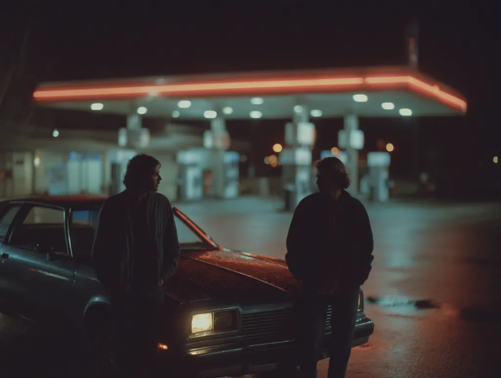 Two silhouetted figures stand by a vintage car at a dimly lit gas station at night.  The neon glow of the station illuminates the scene, casting a moody atmosphere. The figures appear to be in conversation, their forms obscured by the darkness. The overall image evokes a sense of mystery and quiet contemplation.