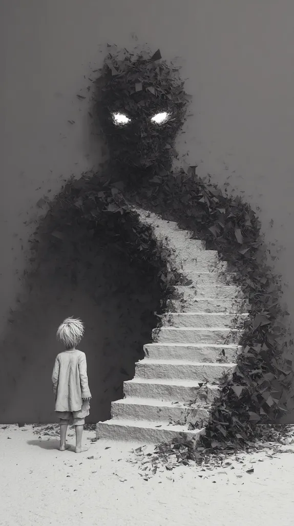 A grayscale digital illustration depicts a small child standing before a staircase leading to a shadowy, fragmented figure. The figure's glowing eyes pierce the darkness, creating a sense of unease. The fragmented nature of the figure and the stark contrast between the child and the shadowy form suggest a confrontation between innocence and an ominous presence.  The overall mood is mysterious and slightly unsettling.