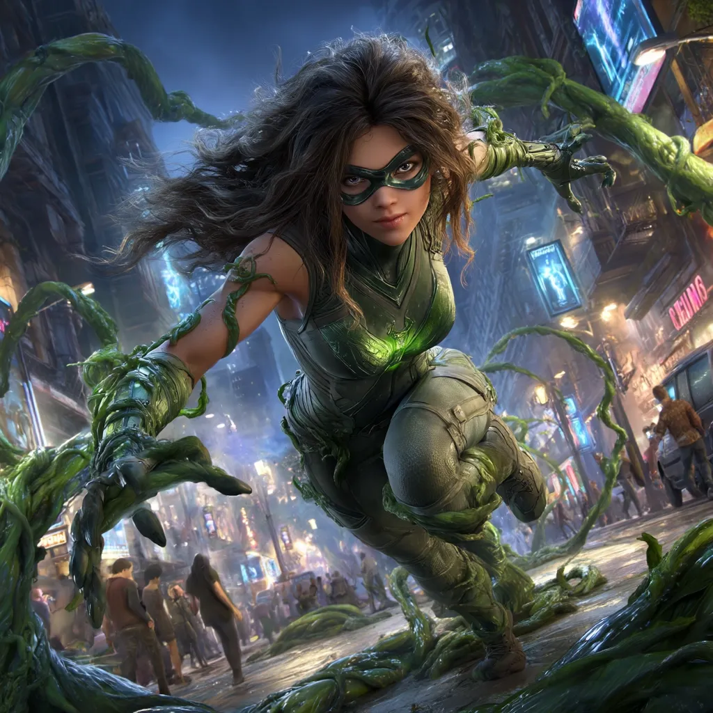 A female superhero, clad in a green suit intertwined with vibrant vines, dominates the scene.  Her intense gaze is fixed forward, reflecting determination.  She's depicted mid-stride in a futuristic cityscape, teeming with life and glowing neon signs, the vines extending from her body and engulfing the ground around her. The overall atmosphere is dynamic and action-packed.