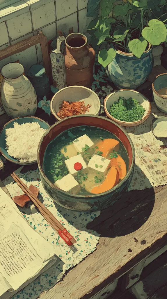 A sunlit wooden table displays a rustic meal.  A bowl of miso soup with tofu and pumpkin sits at the center, surrounded by bowls of rice, chopped scallions, and what appears to be dried shrimp.  Chopsticks rest nearby, along with a book and various earthenware vessels, including a potted plant. The scene evokes a sense of calm and simple, wholesome dining.