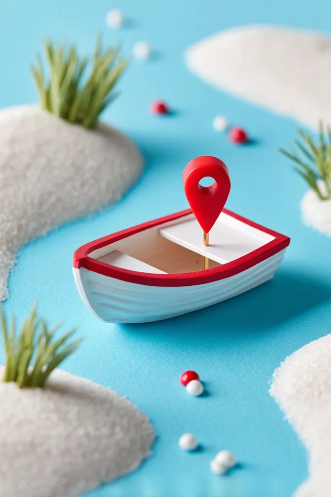 A miniature red and white boat floats on a light blue surface, adorned with small piles of white sand resembling islands.  A red location pin sits upright in the boat, suggesting a destination.  Tiny red and white beads are scattered around, adding to the playful, whimsical scene. The overall aesthetic is bright, clean, and evocative of a summery, carefree atmosphere.