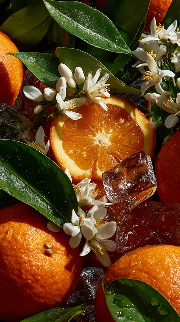 A vibrant close-up showcases juicy oranges nestled amongst their lush green leaves and delicate white blossoms.  Ice cubes glisten, suggesting a refreshing coolness.  The image evokes a sense of summer freshness and the natural beauty of citrus fruit.  The contrast between the bright oranges, dark leaves, and pure white flowers is striking.