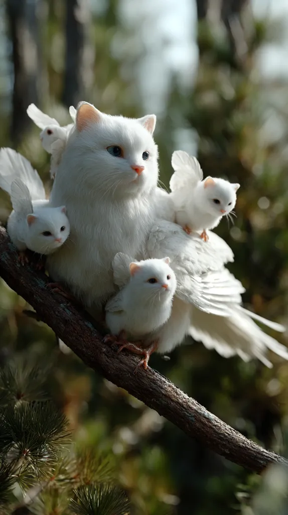 A fluffy white cat, resembling a bird, perches on a tree branch.  Several smaller, winged white creatures, similar in appearance to the cat, are nestled around it. The scene is set in a sun-dappled forest, creating a magical and whimsical atmosphere. The overall image is serene and fantastical.