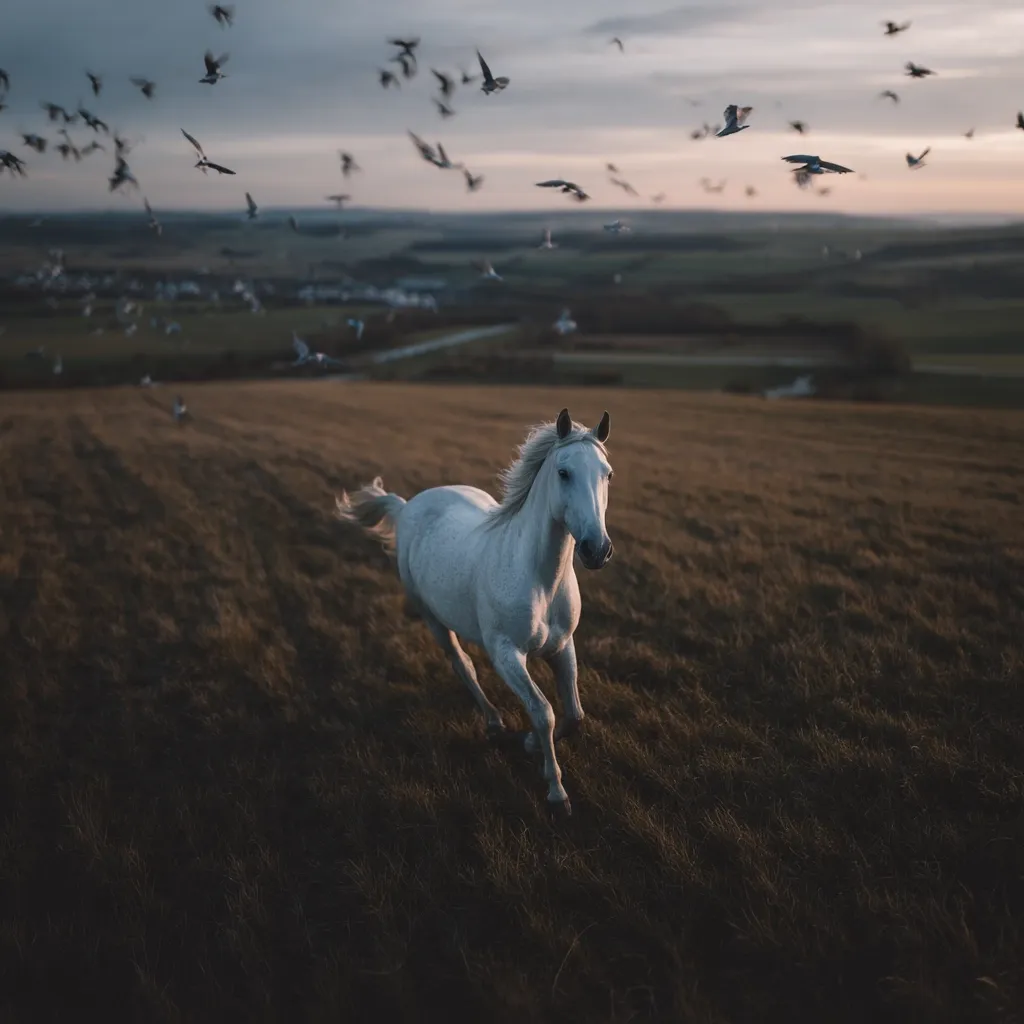A majestic white horse gallops across a vast, golden field under a dusky sky.  Numerous birds fly overhead, creating a dynamic contrast against the tranquil landscape. The horse's mane flows in the wind as it runs freely, showcasing its power and grace.  The overall scene evokes a sense of freedom and wild beauty.