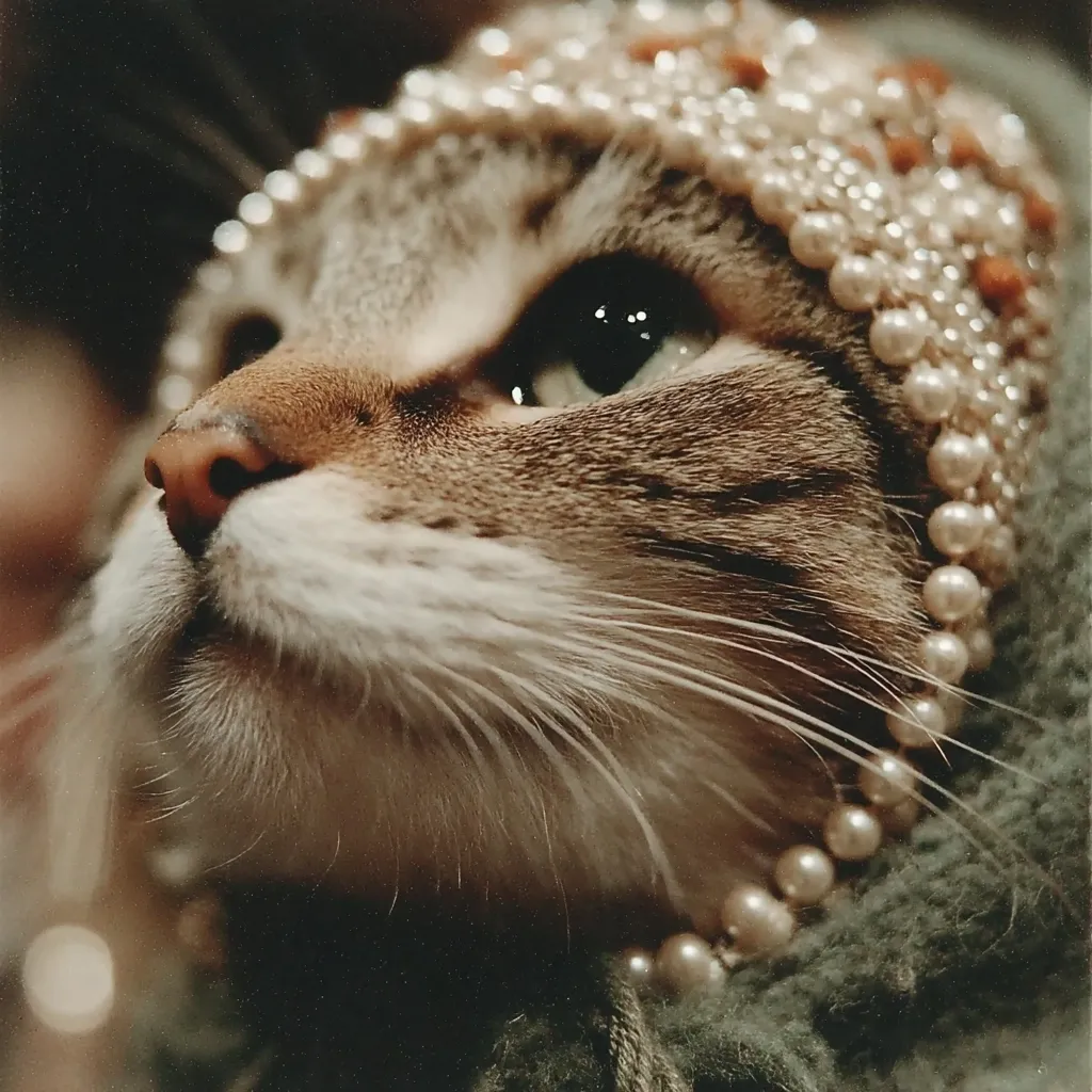 Close-up of a tabby cat's face, adorned with a pearl-encrusted hood or collar. The cat's gaze is directed upward and to the side, its expression is serene yet regal.  The pearls create a striking contrast against the cat's fur, enhancing its already elegant appearance. The image has a soft, slightly muted color palette, giving it a vintage or artistic feel.