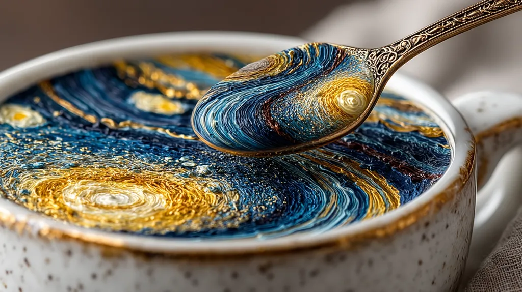 A close-up shot reveals a spoon lifting a swirling, creamy liquid from a mug.  The liquid's texture and colors strikingly mimic Van Gogh's "The Starry Night," a captivating blend of blues, golds, and swirling patterns.  The ornate spoon and speckled mug enhance the artistic effect, creating a visually stunning and unique image.