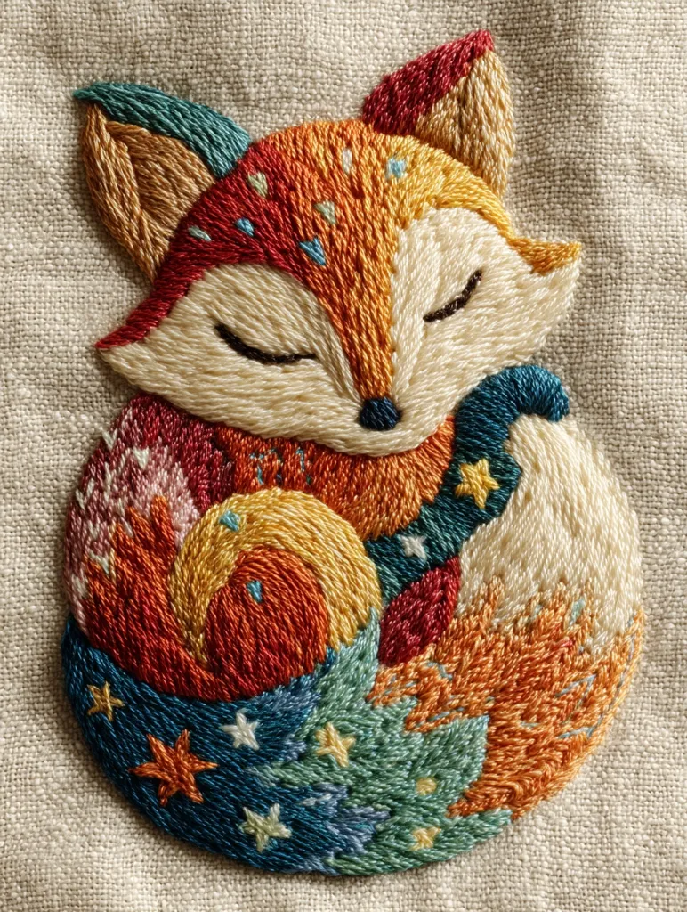 A meticulously embroidered fox curls into a sleep-like posture.  Its fur is rendered in warm oranges, reds, and yellows, contrasting with a cool, starry night sky depicted in its curled tail.  The intricate stitching creates a textured, almost painterly effect, showcasing a vibrant palette and skillful needlework. The piece is set against a neutral linen background.