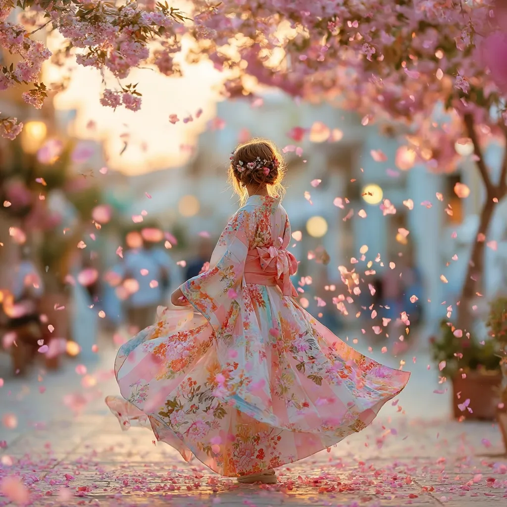 A young girl, wearing a beautiful pink and white floral kimono, twirls amidst a shower of falling cherry blossoms.  Her hair is adorned with a flower crown. The scene is idyllic and whimsical, with a soft, golden light illuminating the magical moment.  Pink petals carpet the ground, enhancing the enchanting atmosphere.