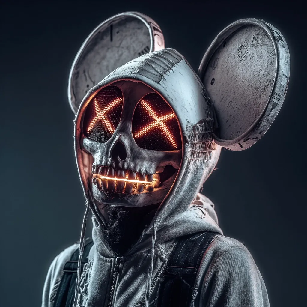 A close-up shot reveals a figure shrouded in a tattered grey hoodie, their face concealed by a skull-like mask.  The mask features glowing orange X's for eyes and a mouth, and large, round, off-white ears extend from the hood. The overall aesthetic is dark, gritty, and slightly unsettling, blending elements of dystopia and streetwear.  The image has a digital art or CGI feel.