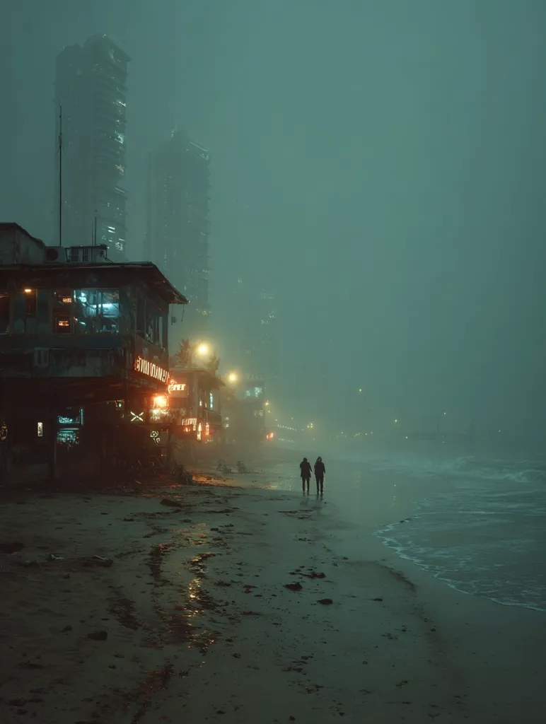 A misty, nocturnal beach scene unfolds under a muted green sky. Two figures walk hand-in-hand along the shore, towards dimly lit buildings.  Tall, futuristic structures loom in the background, shrouded in fog.  The beach is dark, wet sand, reflecting the sparse lights of the shoreline's dilapidated structures.  The overall atmosphere is melancholic and atmospheric.