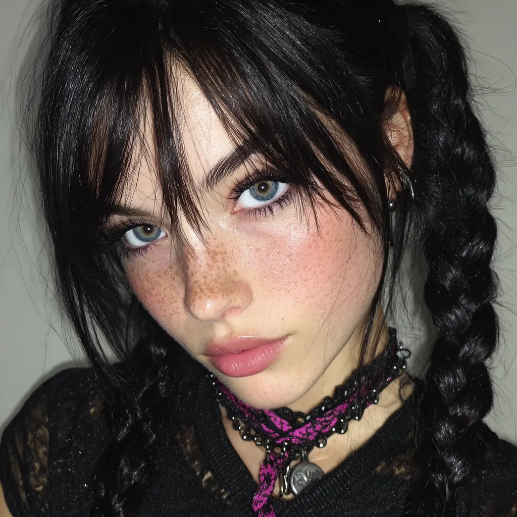 Close-up of a young woman with dark, straight hair styled in two braids.  She has pale skin, light freckles, and striking blue eyes accentuated by makeup. Her bangs partially cover her forehead. She wears a dark, lacy top and a pink and black choker necklace. The overall aesthetic is dark and slightly edgy.
