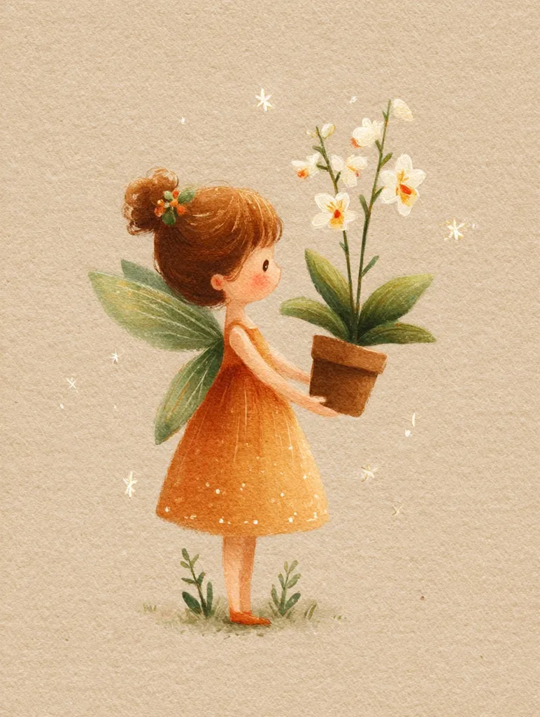 A whimsical illustration depicts a fairy with delicate green wings and an orange dress.  She gently holds a potted white orchid, her expression sweet and attentive.  The style is soft watercolor, with subtle sparkles scattered around the fairy and plant, creating a magical and enchanting scene on a beige background.