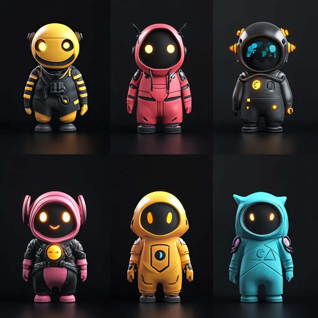 Six unique, stylized robot characters are presented against a black backdrop. Each robot boasts a distinct design, color scheme, and subtle details.  They feature rounded forms, glowing eyes, and varied attire, ranging from spacesuits to hooded cloaks. The overall aesthetic blends cute and futuristic elements, creating a collection of charming yet technologically advanced miniature figures.