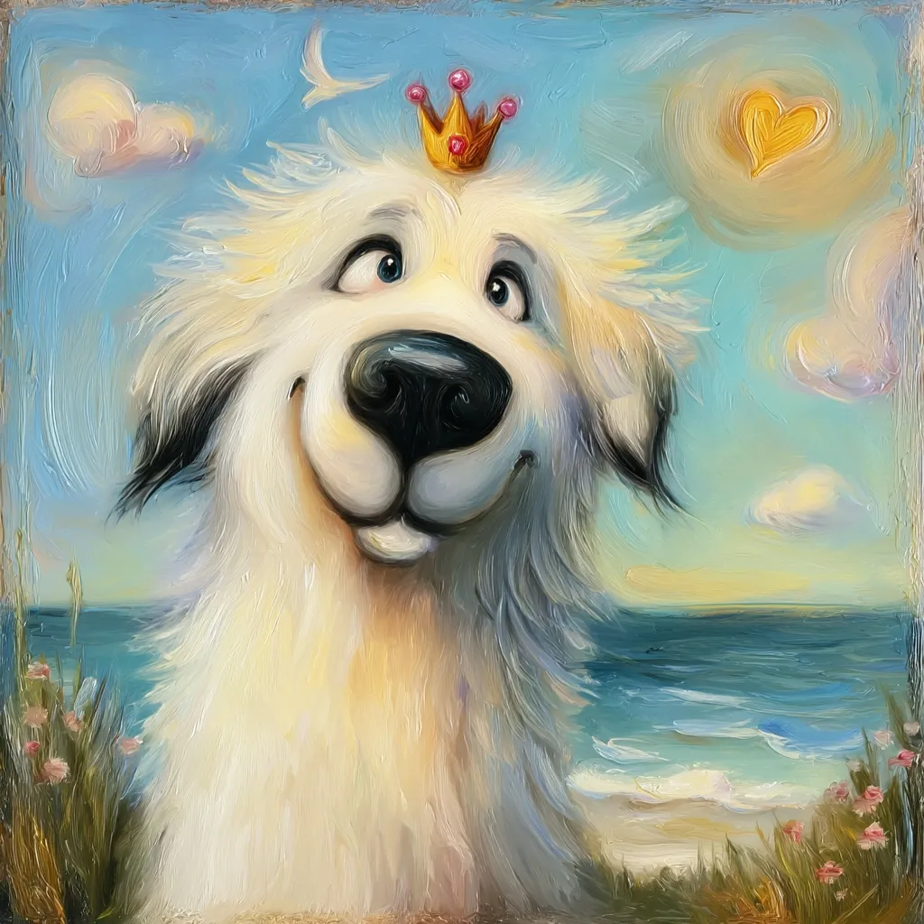 A whimsical oil painting depicts a fluffy white dog, crowned with a tiny golden crown, gazing towards a tranquil ocean scene.  The dog's expression is joyful and playful, accentuated by its large eyes and expressive mouth.  A golden heart floats in the sunny sky above, adding to the charming and lighthearted mood of the artwork. The painting's style is loose and impressionistic, emphasizing texture and vibrant colors.