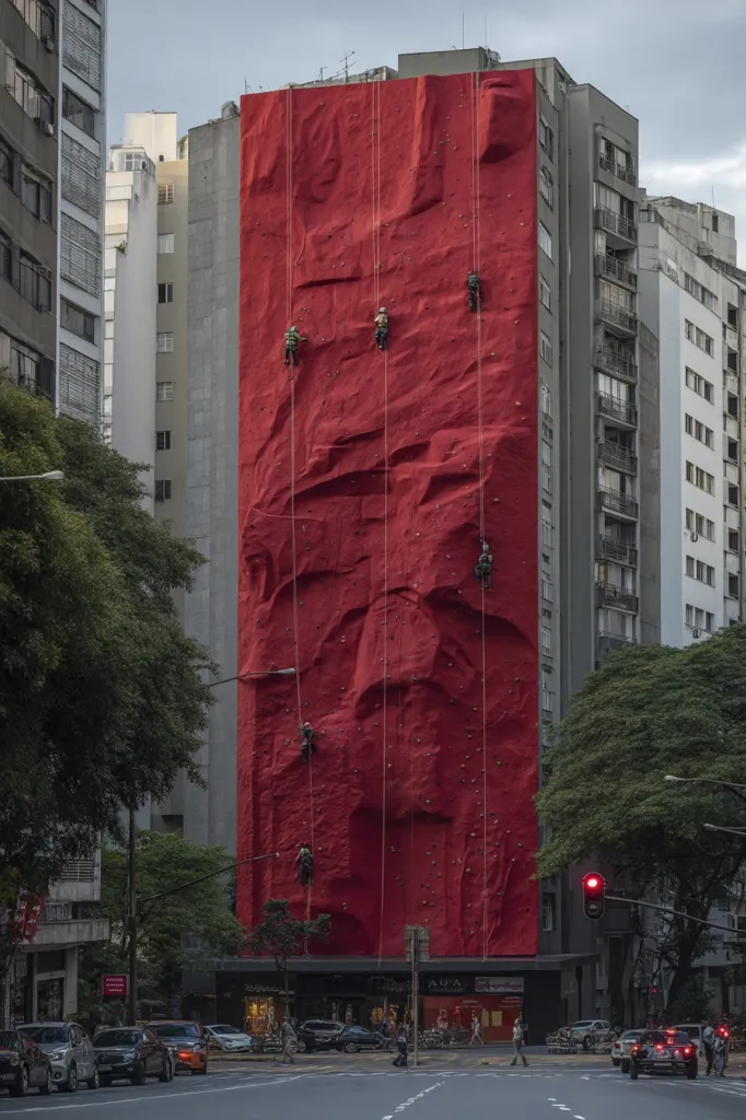 A large, red climbing wall is affixed to the side of a city building.  Multiple climbers are visible ascending the artificial rock face, secured by ropes.  The building is modern, and other buildings and street traffic can be seen. The overall scene suggests an urban setting with a unique public art installation.