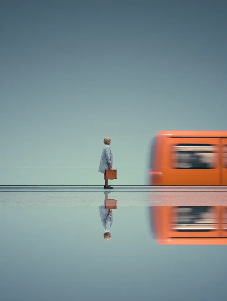 A woman stands on a platform, a brown handbag at her side, as an orange train speeds by. The scene is reflected perfectly in a still body of water below. The minimalist composition and muted colors create a serene yet somewhat melancholic atmosphere.  The woman's stillness contrasts sharply with the train's motion, highlighting the passage of time.