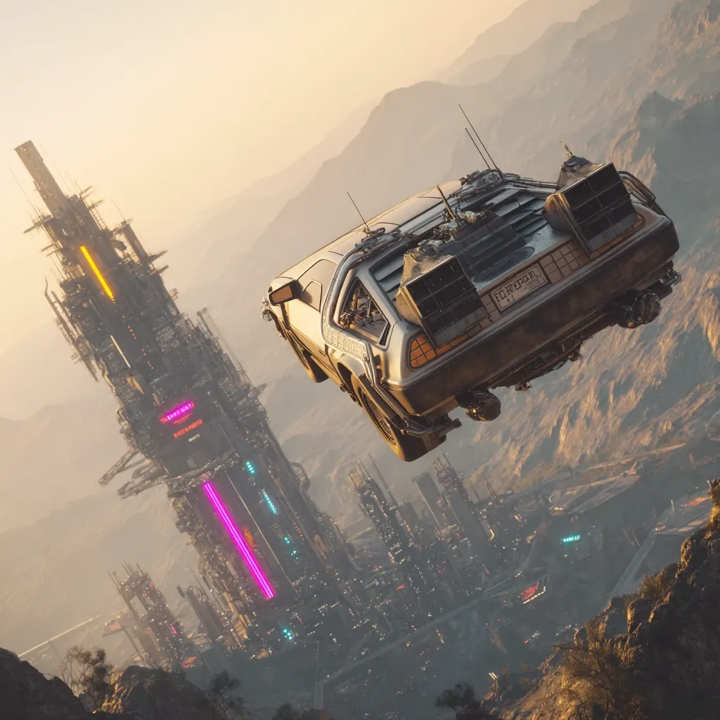 A DeLorean time machine flies over a futuristic cityscape nestled in a mountainous landscape.  The time machine, weathered and showing signs of wear, is airborne, its flux capacitor glowing faintly.  In the background, a tall, intricate tower, possibly a futuristic structure, stands prominently. The overall scene evokes a sense of adventure and time travel within a dystopian, yet visually stunning environment.