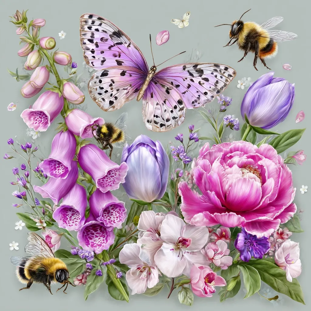A vibrant illustration features a large, lilac butterfly with black spots, two bumblebees, and an array of flowers.  Pink foxgloves, purple tulips, a prominent pink peony, and delicate white blossoms create a lush, spring-like bouquet. The soft, pastel color palette and detailed rendering give a feeling of gentle beauty.  The composition is balanced and visually appealing, suggesting a tranquil garden scene.