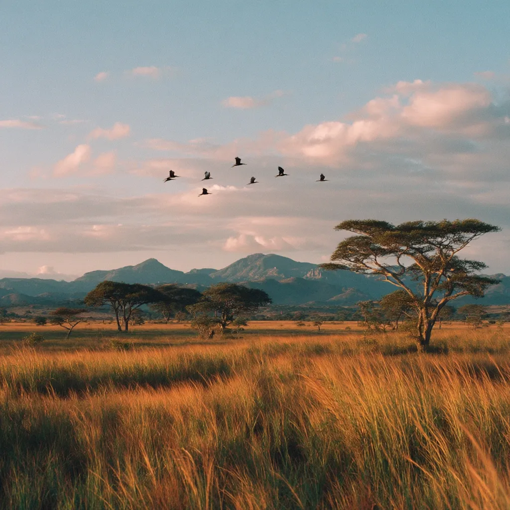 A flock of birds flies over a serene African savanna.  Golden grasses sway gently in the breeze, under a pastel sunset sky.  Scattered acacia trees dot the landscape, which stretches towards distant, hazy mountains. The scene evokes a sense of peace and the untamed beauty of the African wilderness.