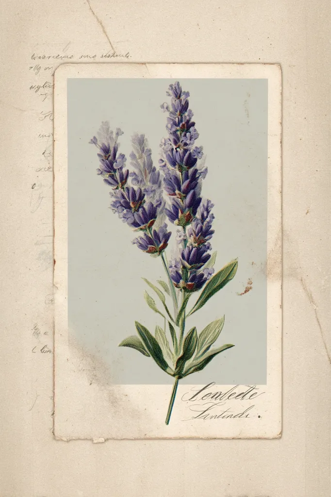 An antique postcard features a botanical illustration of lavender, delicately rendered with purple flowers and green foliage against a pale background.  The card shows signs of age and wear, adding to its vintage charm.  The Latin name "Lavendele Montana" is elegantly handwritten beneath the image, suggesting a specific species of mountain lavender.  The overall aesthetic is reminiscent of a Victorian-era herbarium or pressed flower collection.