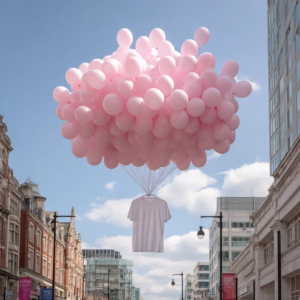 A large cluster of light pink balloons floats in a clear blue sky above a city street.  Suspended beneath the balloons is a plain white t-shirt hanging from a clothes hanger.  The scene is peaceful and whimsical, with tall buildings lining the street on either side.  The overall effect is light, airy, and slightly surreal.