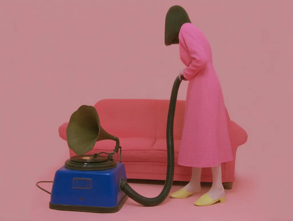A woman in a pink dress uses a vintage-style vacuum cleaner with a gramophone horn attachment.  The vacuum is blue and connected to a pink sofa against a solid pink background. The scene is stylized and visually striking, creating a surreal and playful atmosphere. The woman's dark hair is bobbed, and she wears yellow shoes.