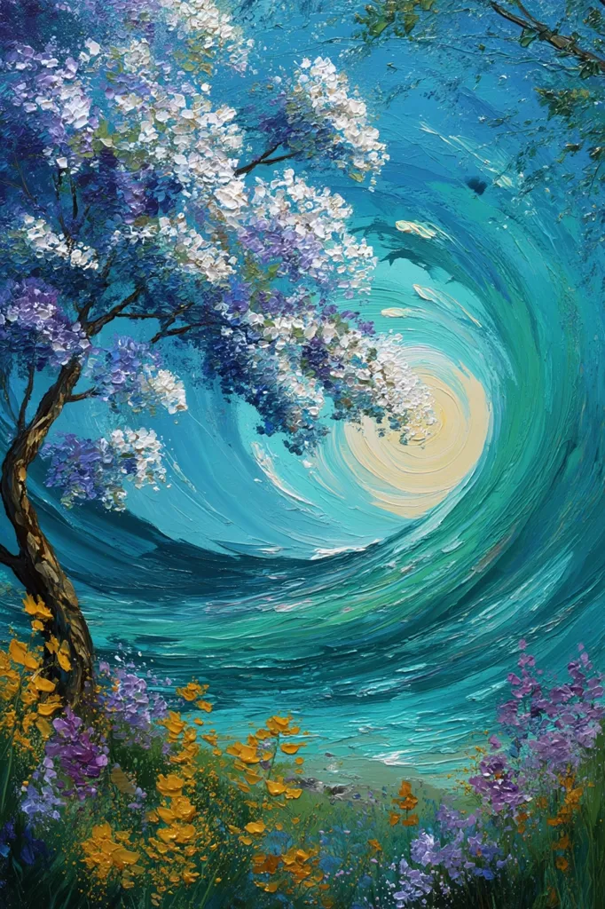 A vibrant impasto painting depicts a swirling, turquoise wave curving around a blossoming tree.  The tree, with purple and white flowers, stands prominently in the foreground, contrasting against the dynamic ocean.  Wildflowers in yellows and purples frame the base of the wave, adding depth and a sense of tranquility to the energetic scene.  A pale yellow sun is visible at the wave's center.