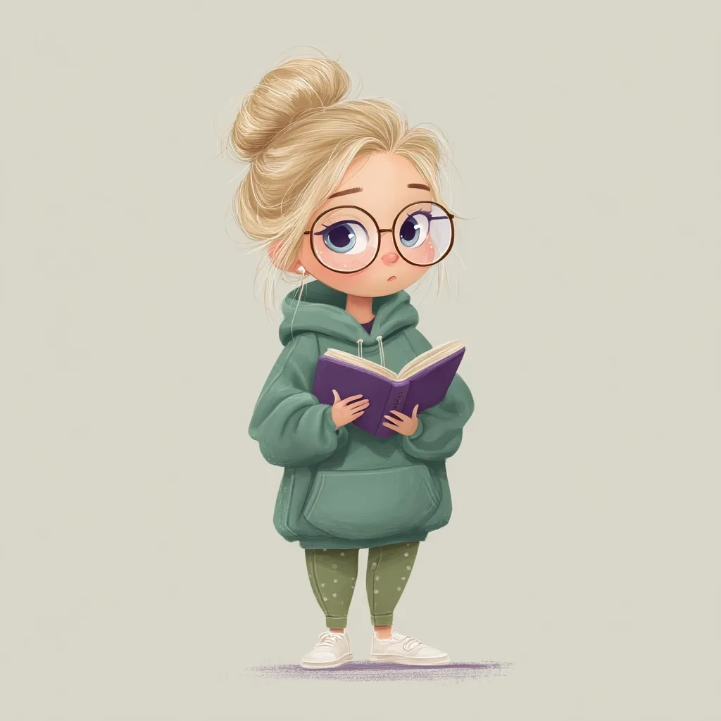 An illustration of a cute girl with blonde hair in a messy bun, wearing round glasses and a sage green oversized hoodie. She's holding a purple book, appearing thoughtful.  Her leggings have small polka dots, and she wears white sneakers. The style is cartoonish and charming, with soft colors and a gentle expression on the girl's face.