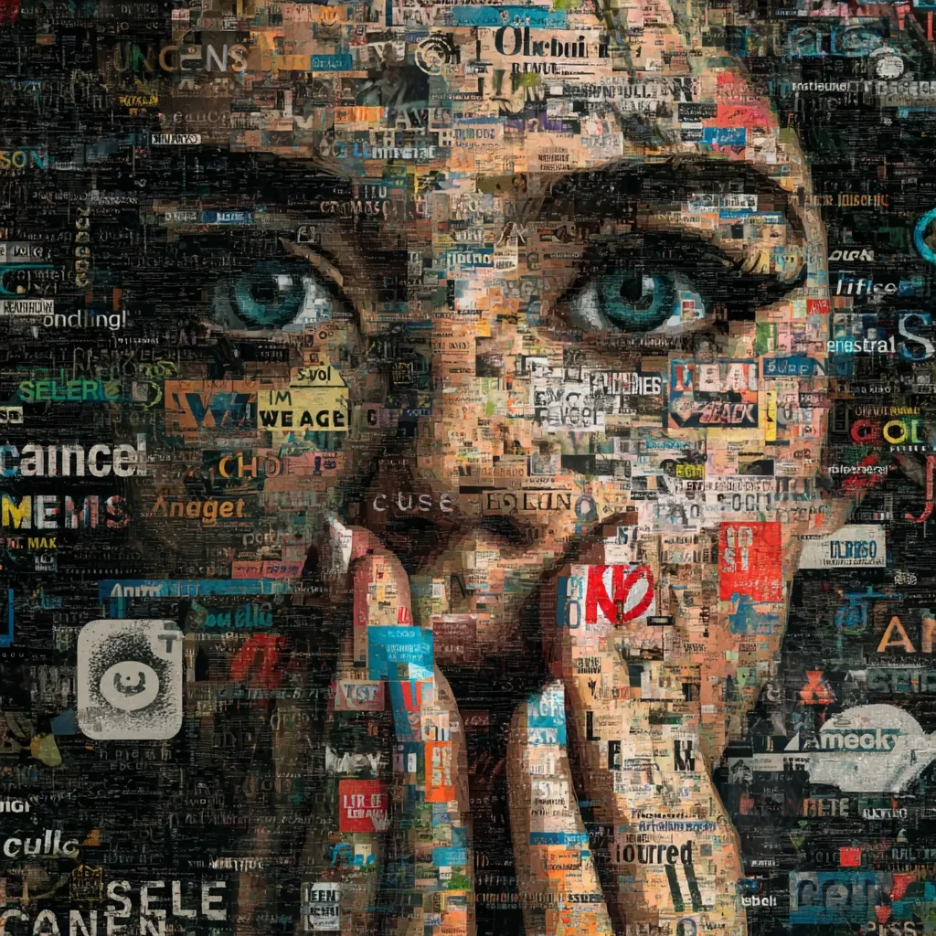 A mosaic portrait of a person's face, constructed from countless small pieces of printed text and images.  The face is depicted with a thoughtful expression, hands clasped near the chin.  The vibrant collage creates a striking visual effect, with the individual pieces forming a cohesive whole.  The text snippets are illegible, adding to the abstract nature of the artwork.