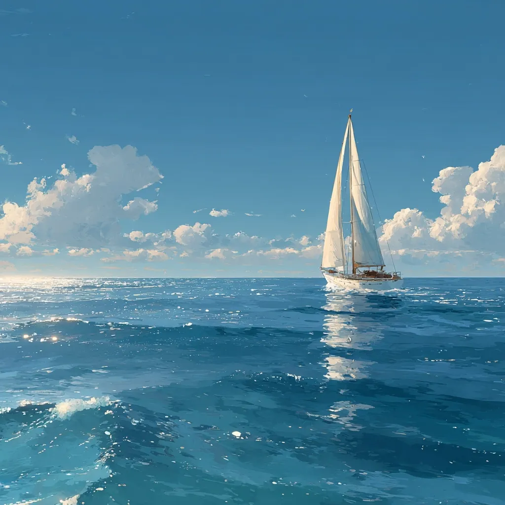 A sailboat with white sails glides across a tranquil expanse of blue ocean under a bright, sunny sky.  Soft, fluffy clouds drift lazily overhead. The water is a shimmering turquoise, reflecting the sunlight and the boat's image.  The scene evokes a sense of peace and serenity.