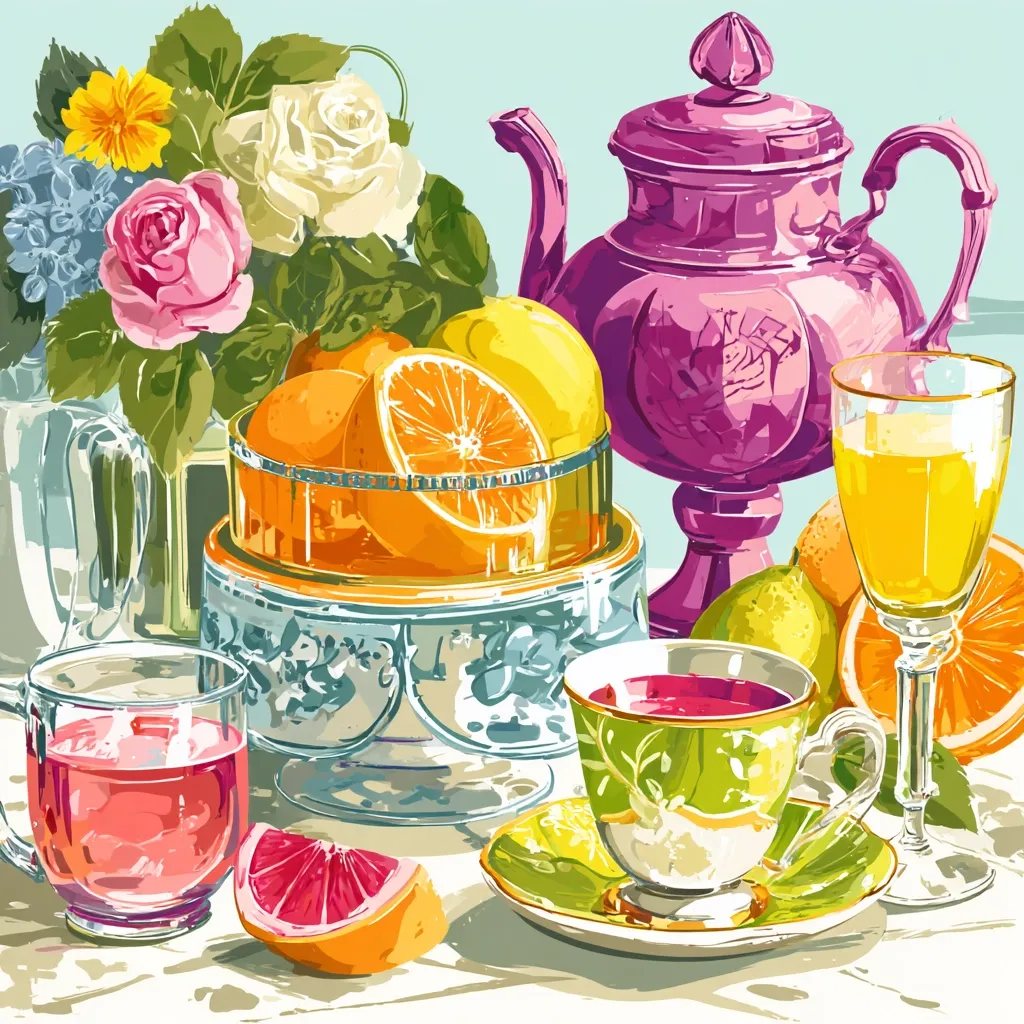 A vibrant still life depicts a table setting overflowing with color.  A purple teapot sits beside a glass of orange juice, and a tiered bowl displays sliced oranges and lemons.  Pink roses and other blooms add floral elegance. A teacup of crimson tea and a glass of pink beverage complete the scene, all set against a light blue background.  A grapefruit slice adds a final touch of bright citrus.
