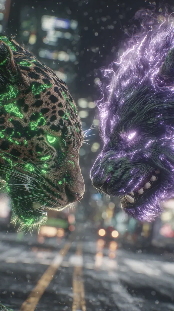 A digital artwork depicts a jaguar and a wolf facing off in a nighttime city setting.  The jaguar, glowing green, and the wolf, radiating purple, appear to be imbued with energy or magic.  The city background is blurred, focusing attention on the intense confrontation between the two powerful creatures. Snow or particles fall around them, adding to the atmospheric effect.