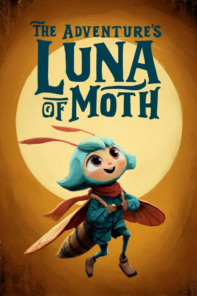 A poster for "The Adventure's Luna of Moth" features a charming, anthropomorphic moth character.  The moth, with teal skin and large eyes, is depicted mid-flight against a large, warm-toned moon.  It wears a teal coat, brown boots, and a red scarf. The title is prominently displayed in a stylized font. The overall style is whimsical and inviting.