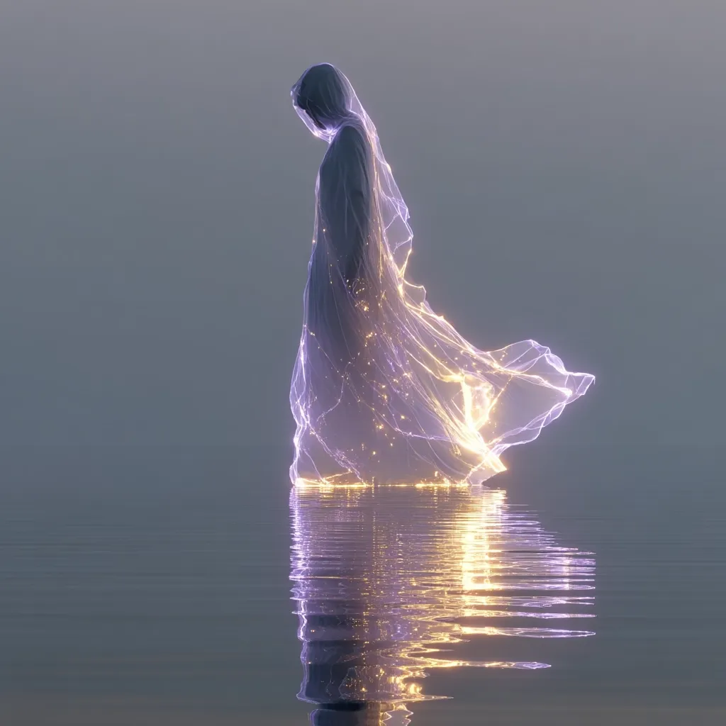 A hooded figure, seemingly ethereal, walks across a calm body of water.  Their robe, translucent and shimmering with inner light, trails behind them, creating a luminous, flowing effect. The figure's reflection mirrors the scene, enhancing the dreamlike, almost spectral quality of the image. The overall mood is serene and mysterious.